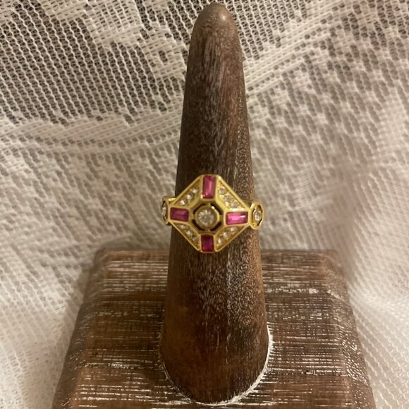 Vintage-Inspired Pink & Gold Statement Ring – Art Deco Style Size 7 - Picture 2 of 4